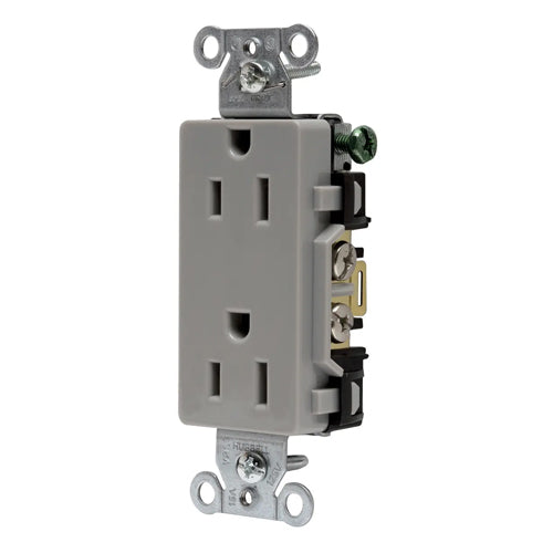 Hubbell DR15GRY, Commercial Grade Style Line Decorator Duplex Receptacles, Smooth Face, Back and Side Wired, 15A 125V, 5-15R, 2-Pole 3-Wire Grounding, Gray