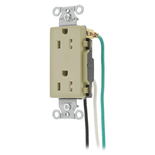 Hubbell DR15ITRP1, Commercial Grade Pre-Wired Style Line Decorator Duplex Receptacles, Tamper Resistant, 8" Solid Wire Leads, 15A 125V, 5-15R, 2-Pole 3-Wire Grounding, Ivory