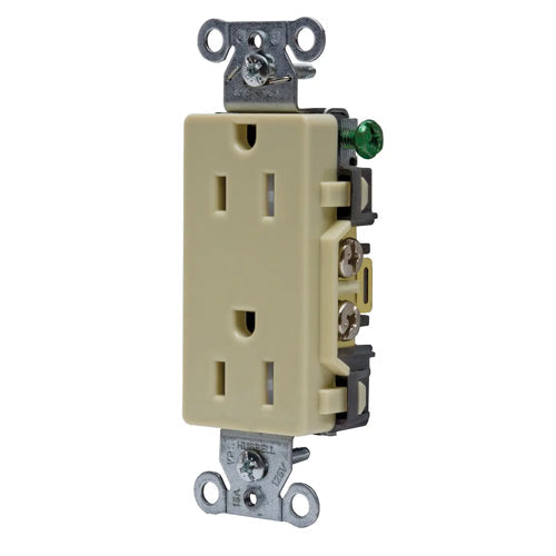 Hubbell DR15ITR, Commercial Grade Style Line Decorator Duplex Receptacles, Tamper Resistant, Smooth Face, 15A 125V, 5-15R, 2-Pole 3-Wire Grounding, Ivory