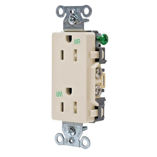 Hubbell DR15LAWRTR, Commercial Grade Style Line Decorator Duplex Receptacles, Weather and Tamper Resistant, Smooth Face, 15A 125V, 5-15R, 2-Pole 3-Wire Grounding, Light Almond