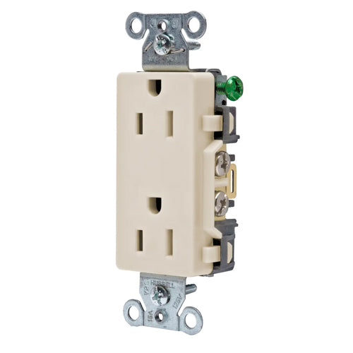 Hubbell DR15LA, Commercial Grade Style Line Decorator Duplex Receptacles, Smooth Face, Back and Side Wired, 15A 125V, 5-15R, 2-Pole 3-Wire Grounding, Light Almond