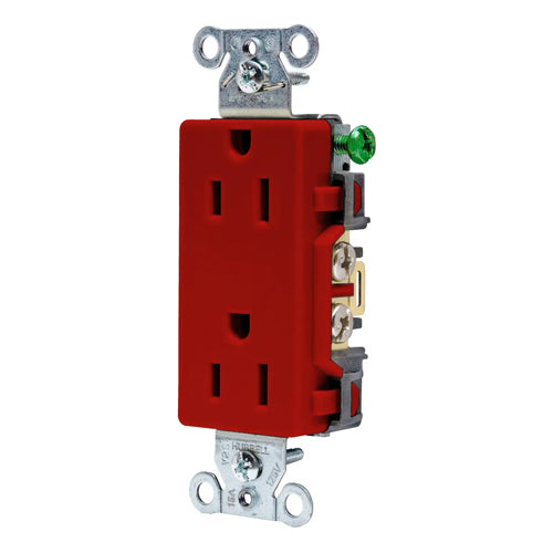 Hubbell DR15R, Commercial Grade Style Line Decorator Duplex Receptacles, Smooth Face, Back and Side Wired, 15A 125V, 5-15R, 2-Pole 3-Wire Grounding, Red