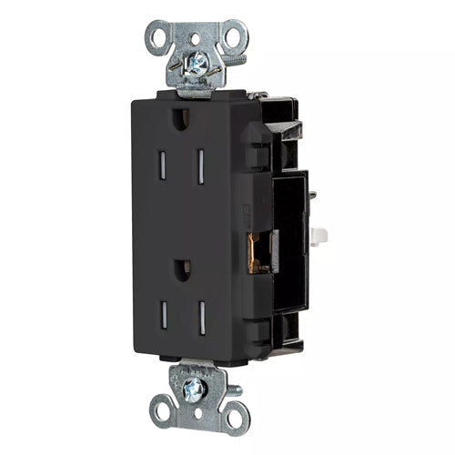 Hubbell DR15STBKTR, EdgeConnect Decorator Duplex Receptacles, Tamper Resistant, Commercial Grade, Screwless Terminal, 15A 125V, 5-15R, 2-Pole 3-Wire Grounding, Black