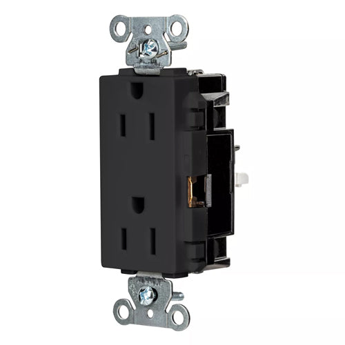 Hubbell DR15STBK, EdgeConnect Decorator Duplex Receptacles, Commercial Grade, Screwless Terminal, 15A 125V, 5-15R, 2-Pole 3-Wire Grounding, Black