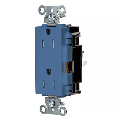 Hubbell DR15STBLTR, EdgeConnect Decorator Duplex Receptacles, Tamper Resistant, Commercial Grade, Screwless Terminal, 15A 125V, 5-15R, 2-Pole 3-Wire Grounding, Blue