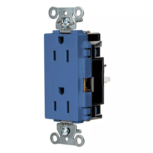 Hubbell DR15STBL, EdgeConnect Decorator Duplex Receptacles, Commercial Grade, Screwless Terminal, 15A 125V, 5-15R, 2-Pole 3-Wire Grounding, Blue