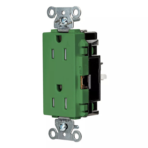 Hubbell DR15STGNTR, EdgeConnect Decorator Duplex Receptacles, Tamper Resistant, Commercial Grade, Screwless Terminal, 15A 125V, 5-15R, 2-Pole 3-Wire Grounding, Green