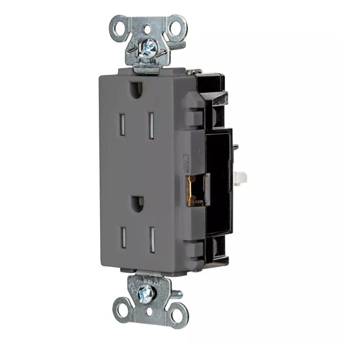 Hubbell DR15STGYTR, EdgeConnect Decorator Duplex Receptacles, Tamper Resistant, Commercial Grade, Screwless Terminal, 15A 125V, 5-15R, 2-Pole 3-Wire Grounding, Gray