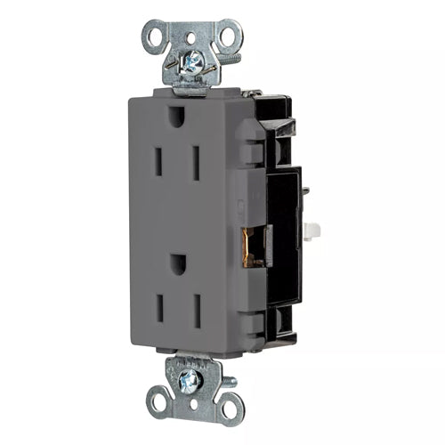 Hubbell DR15STGY, EdgeConnect Decorator Duplex Receptacles, Commercial Grade, Screwless Terminal, 15A 125V, 5-15R, 2-Pole 3-Wire Grounding, Gray