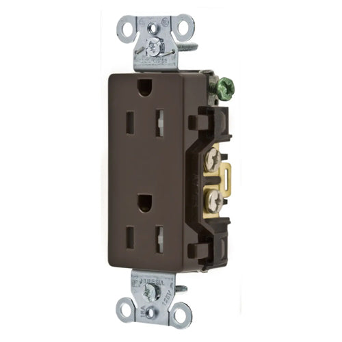 Hubbell DR15TR, Commercial Grade Style Line Decorator Duplex Receptacles, Tamper Resistant, Smooth Face, 15A 125V, 5-15R, 2-Pole 3-Wire Grounding, Brown