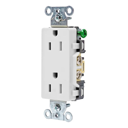 Hubbell DR15WHI, Commercial Grade Style Line Decorator Duplex Receptacles, Smooth Face, Back and Side Wired, 15A 125V, 5-15R, 2-Pole 3-Wire Grounding, White