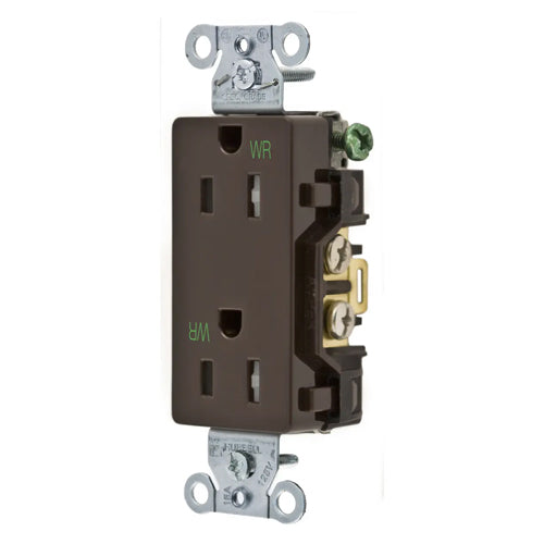 Hubbell DR15WRTR, Commercial Grade Style Line Decorator Duplex Receptacles, Weather and Tamper Resistant, Smooth Face, 15A 125V, 5-15R, 2-Pole 3-Wire Grounding, Brown