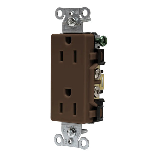 Hubbell DR15, Commercial Grade Style Line Decorator Duplex Receptacles, Smooth Face, Back and Side Wired, 15A 125V, 5-15R, 2-Pole 3-Wire Grounding, Brown