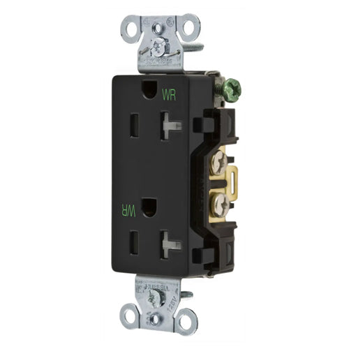 Hubbell DR20BLKWRTR, Commercial Grade Style Line Decorator Duplex Receptacles, Weather and Tamper Resistant, Smooth Face, 20A 125V, 5-20R, 2-Pole 3-Wire Grounding, Black