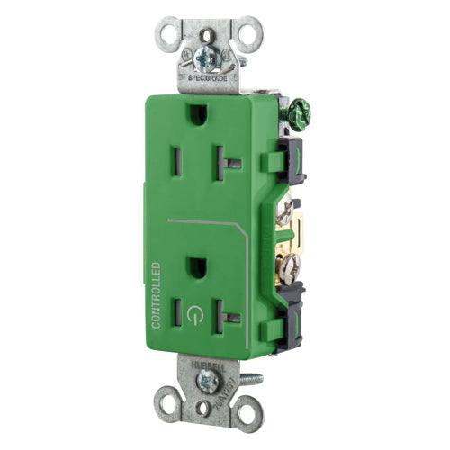 Hubbell DR20C1GNTR, Permanently Marked Decorator Duplex Receptacles, Tamper Resistant, Commercial Grade, One Controlled Face, Split Circuit Hot Tab, Back and Side Wired, 20A 125V, 5-20R, 2-Pole 3-Wire Grounding, Green