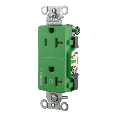 Hubbell DR20C1GN, Permanently Marked Decorator Duplex Receptacles, Commercial Grade, One Controlled Face, Split Circuit Hot Tab, Back and Side Wired, 20A 125V, 5-20R, 2-Pole 3-Wire Grounding, Green