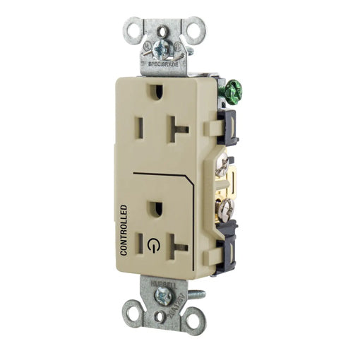 Hubbell DR20C1I, Permanently Marked Decorator Duplex Receptacles, Commercial Grade, One Controlled Face, Split Circuit Hot Tab, Back and Side Wired, 20A 125V, 5-20R, 2-Pole 3-Wire Grounding, Ivory