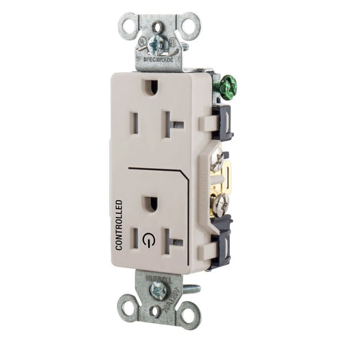 Hubbell DR20C1LATR, Permanently Marked Decorator Duplex Receptacles, Tamper Resistant, Commercial Grade, One Controlled Face, Split Circuit Hot Tab, Back and Side Wired, 20A 125V, 5-20R, 2-Pole 3-Wire Grounding, Light Almond