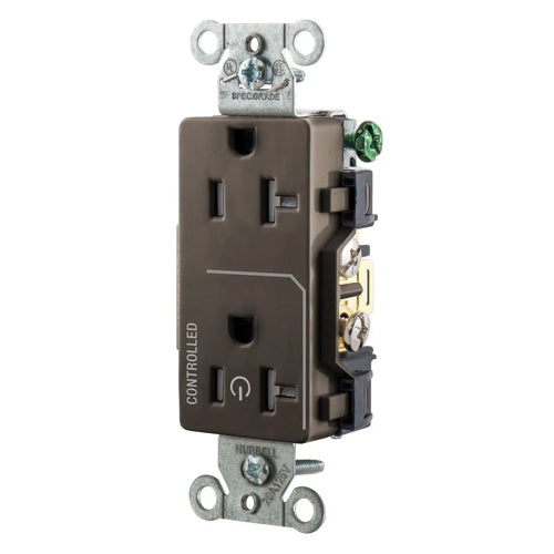 Hubbell DR20C1TR, Permanently Marked Decorator Duplex Receptacles, Tamper Resistant, Commercial Grade, One Controlled Face, Split Circuit Hot Tab, Back and Side Wired, 20A 125V, 5-20R, 2-Pole 3-Wire Grounding, Brown