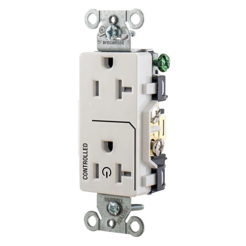 Hubbell DR20C1WHITR, Permanently Marked Decorator Duplex Receptacles, Tamper Resistant, Commercial Grade, One Controlled Face, Split Circuit Hot Tab, Back and Side Wired, 20A 125V, 5-20R, 2-Pole 3-Wire Grounding, White