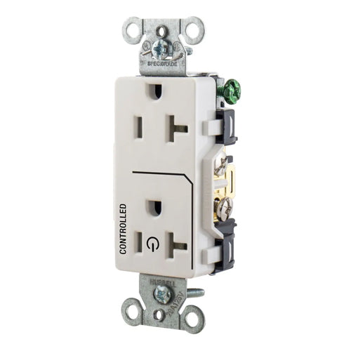 Hubbell DR20C1WHI, Permanently Marked Decorator Duplex Receptacles, Commercial Grade, One Controlled Face, Split Circuit Hot Tab, Back and Side Wired, 20A 125V, 5-20R, 2-Pole 3-Wire Grounding, White