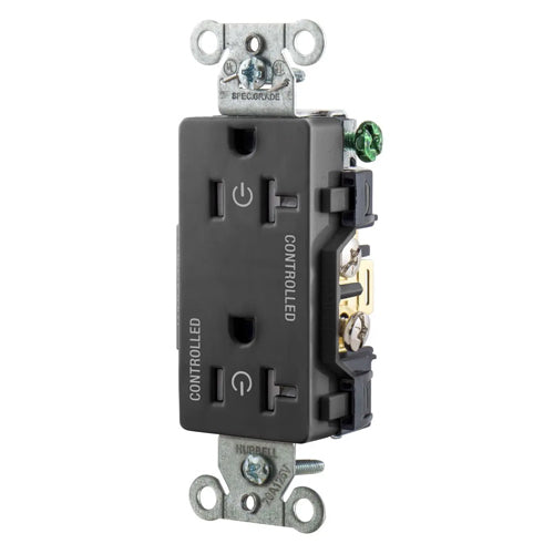 Hubbell DR20C2BLKTR, Permanently Marked Decorator Duplex Receptacles, Tamper Resistant, Commercial Grade, Two Controlled Faces, Back and Side Wired, 20A 125V, 5-20R, 2-Pole 3-Wire Grounding, Black