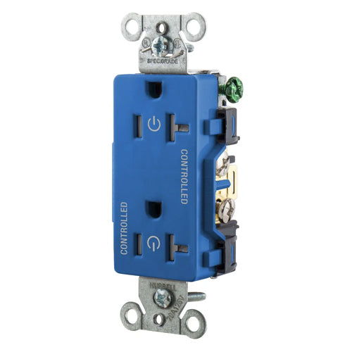 Hubbell DR20C2BLTR, Permanently Marked Decorator Duplex Receptacles, Tamper Resistant, Commercial Grade, Two Controlled Faces, Back and Side Wired, 20A 125V, 5-20R, 2-Pole 3-Wire Grounding, Blue