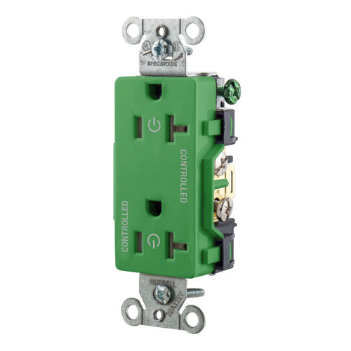 Hubbell DR20C2GN, Permanently Marked Decorator Duplex Receptacles, Commercial Grade, Two Controlled Faces, Back and Side Wired, 20A 125V, 5-20R, 2-Pole 3-Wire Grounding, Green