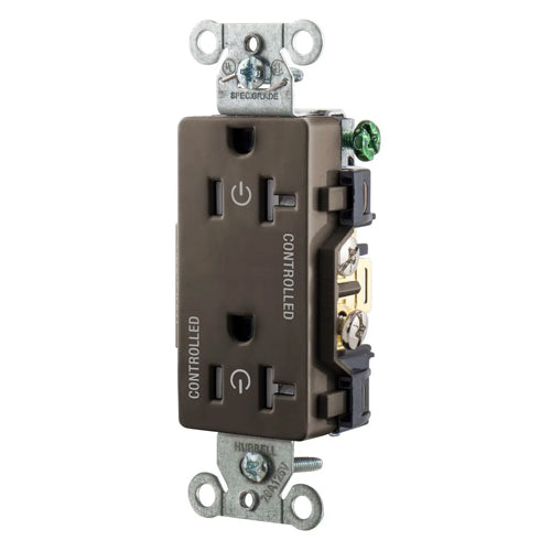 Hubbell DR20C2TR, Permanently Marked Decorator Duplex Receptacles, Tamper Resistant, Commercial Grade, Two Controlled Faces, Back and Side Wired, 20A 125V, 5-20R, 2-Pole 3-Wire Grounding, Brown