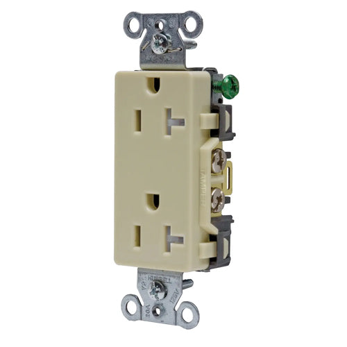 Hubbell DR20ITR, Commercial Grade Style Line Decorator Duplex Receptacles, Tamper Resistant, Smooth Face, 20A 125V, 5-20R, 2-Pole 3-Wire Grounding, Ivory