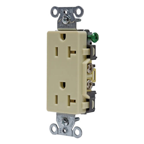 Hubbell DR20I, Commercial Grade Style Line Decorator Duplex Receptacles, Smooth Face, Back and Side Wired, 20A 125V, 5-20R, 2-Pole 3-Wire Grounding, Ivory