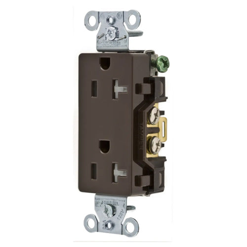 Hubbell DR20TR, Commercial Grade Style Line Decorator Duplex Receptacles, Tamper Resistant, Smooth Face, 20A 125V, 5-20R, 2-Pole 3-Wire Grounding, Brown