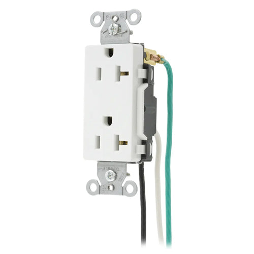 Hubbell DR20WHIP1, Commercial Grade Pre-Wired Style Line Decorator Duplex Receptacles, Smooth Face, 8" Solid Wire Leads, 20A 125V, 5-20R, 2-Pole 3-Wire Grounding, White
