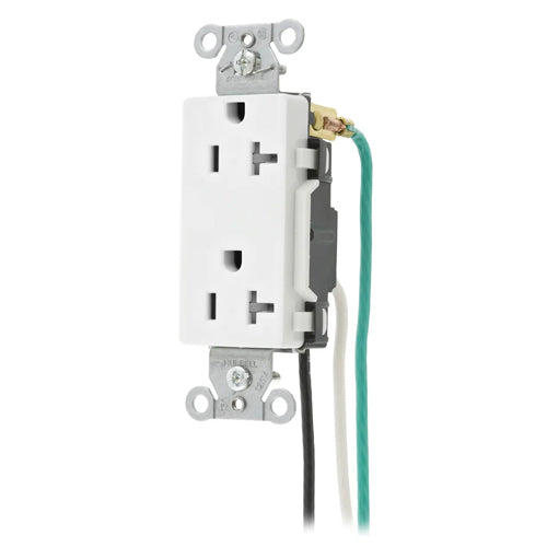 Hubbell DR20WHITRP1, Commercial Grade Pre-Wired Style Line Decorator Duplex Receptacles, Tamper Resistant, 8" Solid Wire Leads, 20A 125V, 5-20R, 2-Pole 3-Wire Grounding, White