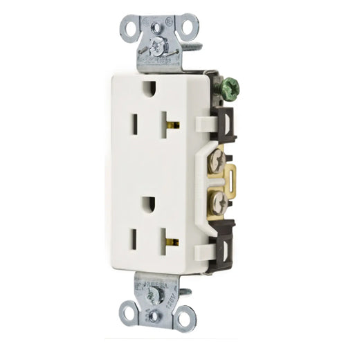 Hubbell DR20WHI, Commercial Grade Style Line Decorator Duplex Receptacles, Smooth Face, Back and Side Wired, 20A 125V, 5-20R, 2-Pole 3-Wire Grounding, White