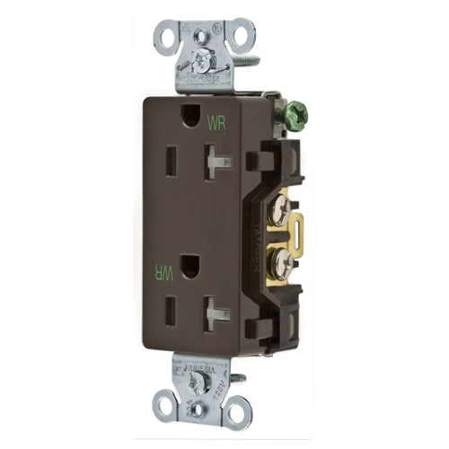 Hubbell DR20WRTR, Commercial Grade Style Line Decorator Duplex Receptacles, Weather and Tamper Resistant, Smooth Face, 20A 125V, 5-20R, 2-Pole 3-Wire Grounding, Brown