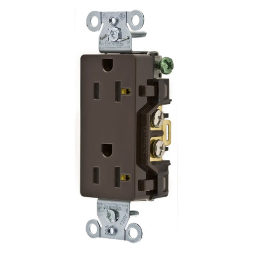 Hubbell DR20, Commercial Grade Style Line Decorator Duplex Receptacles, Smooth Face, Back and Side Wired, 20A 125V, 5-20R, 2-Pole 3-Wire Grounding, Brown