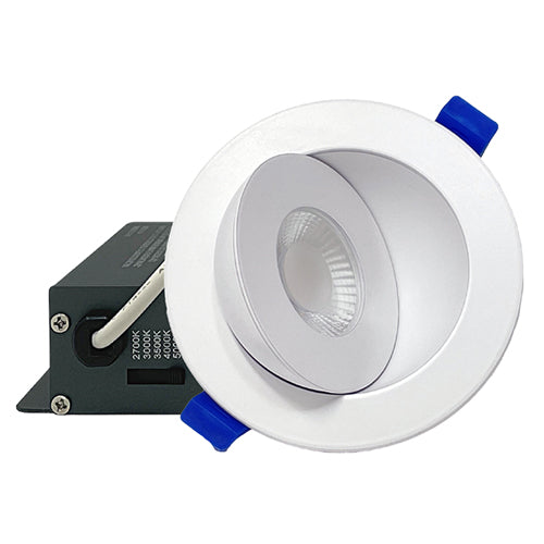 DawnRay DR30RG-WH, 3.5 Inch 5CCT LED Round Gimbal Ultra Slim Recessed Downlight, 100-125VAC, 9W, 800 Lumens, 38° Beam Angle, White Finish, Dimmable