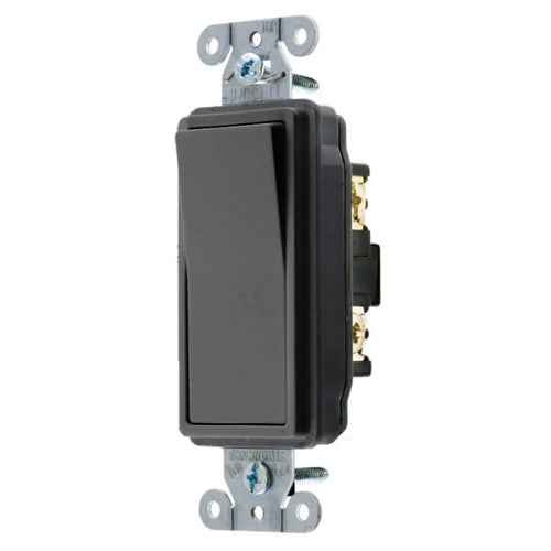 Hubbell DS120BK, Decorator Switch, Specification Grade, Single Pole, 20A 120/277V AC, Back and Side Wired, Black