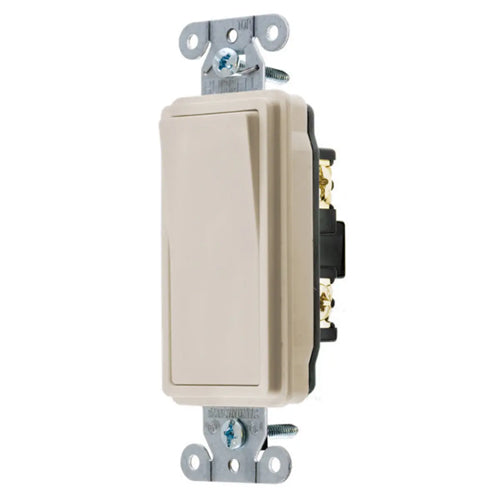 Hubbell DS120LA, Decorator Switch, Specification Grade, Single Pole, 20A 120/277V AC, Back and Side Wired, Light Almond