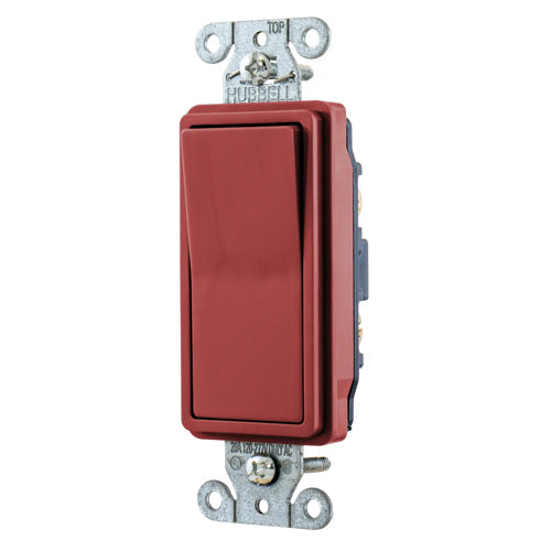 Hubbell DS320R, Decorator Series, Rocker Switch, General Purpose AC, Three Way, 20A 120/277V AC, Back and Side Wired, Red