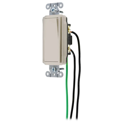 Hubbell DSL120LA, Specification Grade, Decorator Switches, General Purpose AC, Single Pole, 20A 120/277V AC, Back and Side Wired, Pre-Wired with 8" #12 THHN, Light Almond