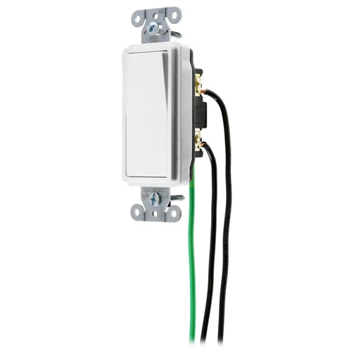 Hubbell DSL115W, Specification Grade, Decorator Switches, General Purpose AC, Single Pole, 15A 120/277V AC, Back and Side Wired, Pre-Wired with 8" #12 THHN, White