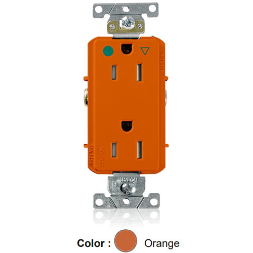 Leviton DT820-IG, Decora Plus Straight Blade Duplex Receptacle, Heavy-Duty Hospital Grade, Smooth Face, Isolated Ground, Tamper-Resistant, 15A 125V, NEMA 5-15R, 2-Pole, 3-Wire, Back and Side Wire, Orange