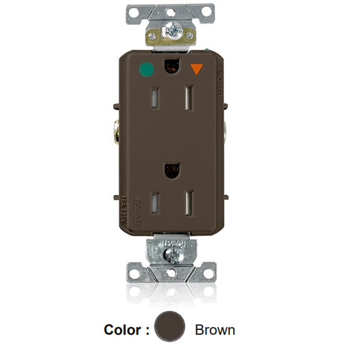 Leviton DT820-IGB, Decora Plus Straight Blade Duplex Receptacle, Heavy-Duty Hospital Grade, Smooth Face, Isolated Ground, Tamper-Resistant, 15A 125V, NEMA 5-15R, 2-Pole, 3-Wire, Back and Side Wire, Brown