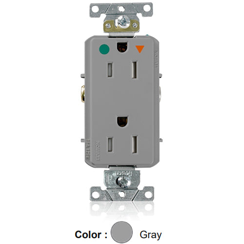 Leviton DT820-IGG, Decora Plus Straight Blade Duplex Receptacle, Heavy-Duty Hospital Grade, Smooth Face, Isolated Ground, Tamper-Resistant, 15A 125V, NEMA 5-15R, 2-Pole, 3-Wire, Back and Side Wire, Gray
