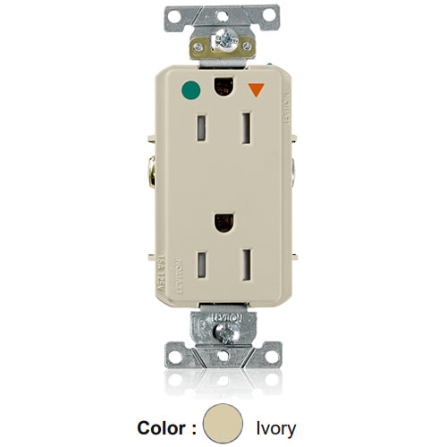 Leviton DT820-IGI, Decora Plus Straight Blade Duplex Receptacle, Heavy-Duty Hospital Grade, Smooth Face, Isolated Ground, Tamper-Resistant, 15A 125V, NEMA 5-15R, 2-Pole, 3-Wire, Back and Side Wire, Ivory