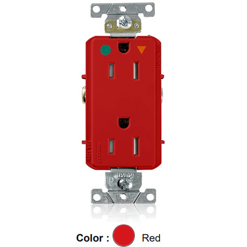 Leviton DT820-IGR, Decora Plus Straight Blade Duplex Receptacle, Heavy-Duty Hospital Grade, Smooth Face, Isolated Ground, Tamper-Resistant, 15A 125V, NEMA 5-15R, 2-Pole, 3-Wire, Back and Side Wire, Red