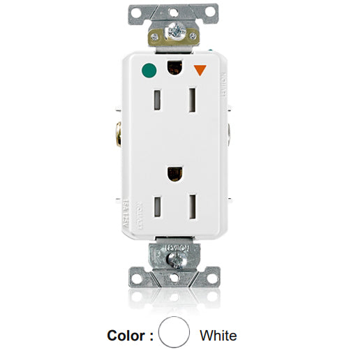Leviton DT820-IGW, Decora Plus Straight Blade Duplex Receptacle, Heavy-Duty Hospital Grade, Smooth Face, Isolated Ground, Tamper-Resistant, 15A 125V, NEMA 5-15R, 2-Pole, 3-Wire, Back and Side Wire, White