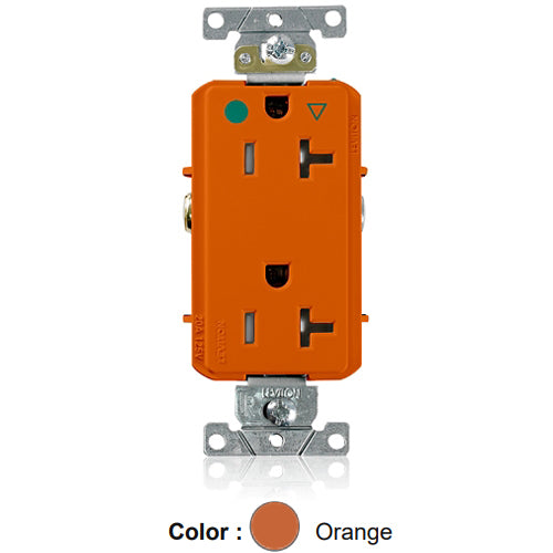 Leviton DT830-IG, Decora Plus Straight Blade Duplex Receptacle, Heavy-Duty Hospital Grade, Smooth Face, Isolated Ground, Tamper-Resistant, 20A 125V, NEMA 5-20R, 2-Pole, 3-Wire, Back and Side Wire, Orange